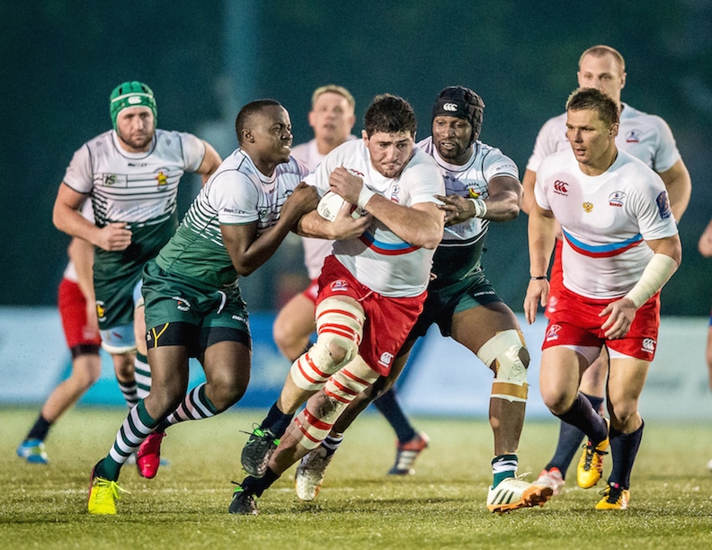 Russia flanker Tagir Gadzhiev bursts through the Zim defence