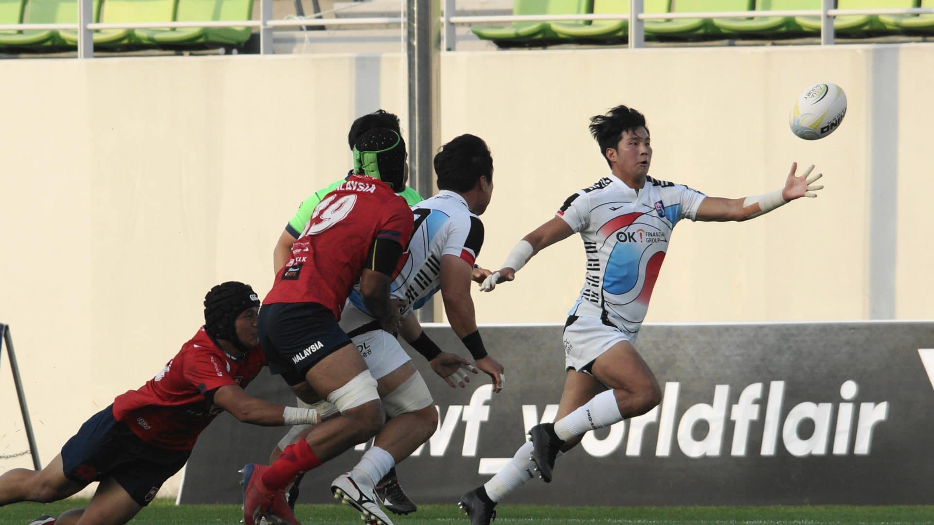 Incheon, South Korea. 04th June, 2022. Malaysia's Dinesvaran Al Krishnan is  tackled during the Asia Rugby Championship 2022 match between South Korea  and Malaysia at Namdong Asiad Rugby Stadium. South Korea beat